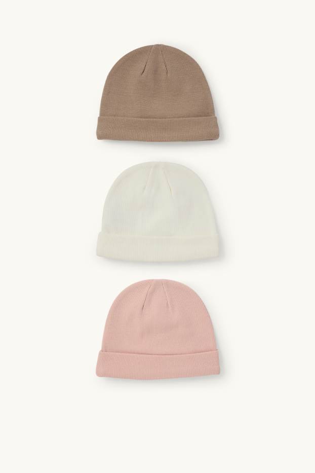 Baby: meisjes - Set van 3 - babymuts - geribd - roze / beige