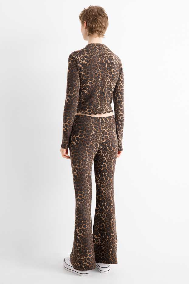 Damen - Flared Leggings - gerippt - Leo-Print - dunkelbraun