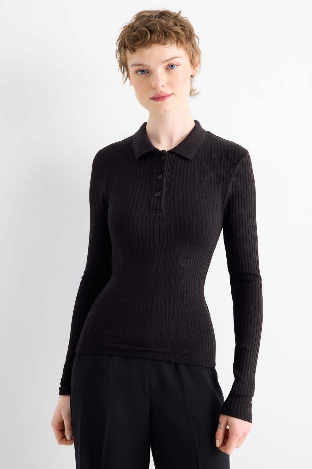 Dona - Polo - slim fit - acanalat - negre