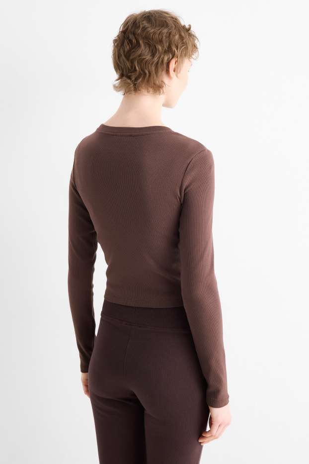 Femmes - Haut court à manches longues - slim fit - côtelé - marron foncé