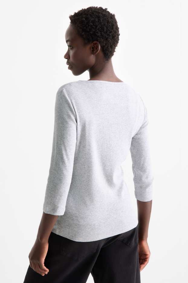 Femmes - Haut court henley - slim fit - finition côtelée - gris clair chiné