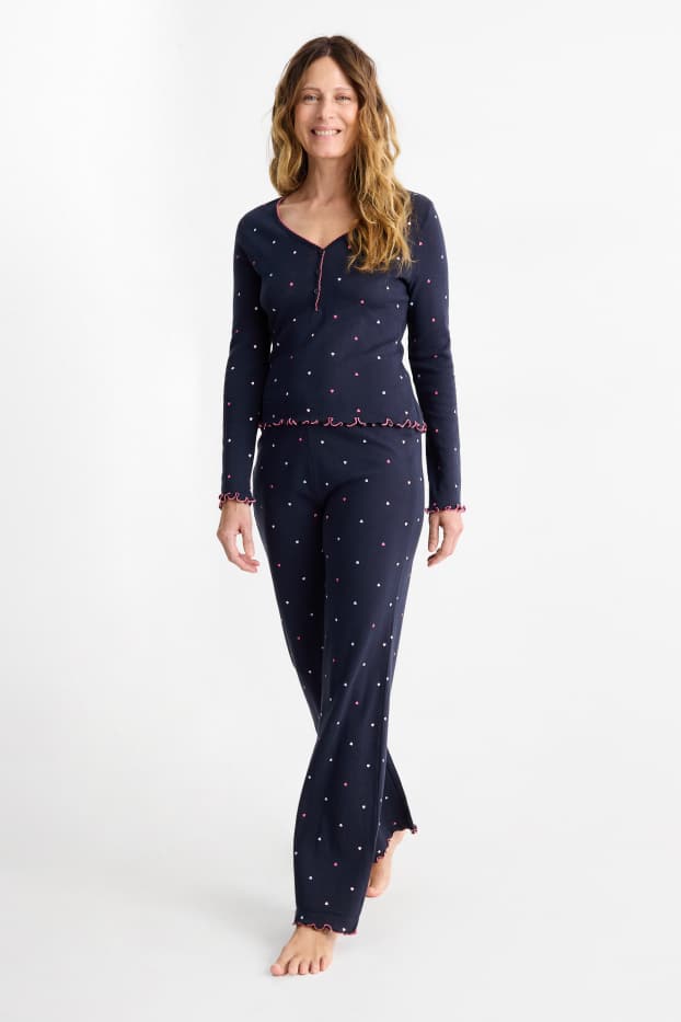 Damen - Pointelle-Pyjama - gemustert - dunkelblau