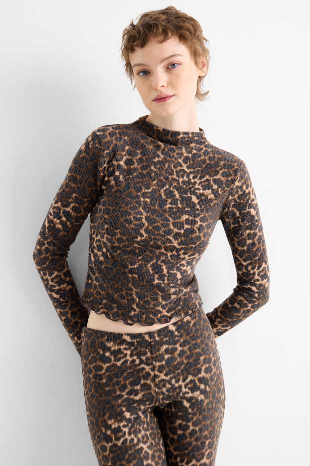 Donna - Maglia corta a maniche lunghe - slim fit - a coste - stampa leopardata - nero / beige