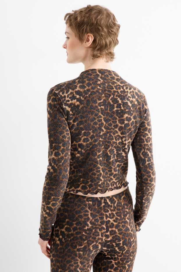 Donna - Maglia corta a maniche lunghe - slim fit - a coste - stampa leopardata - nero / beige