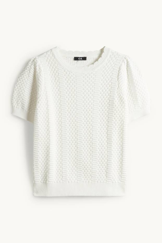 Femmes - Pull en maille - manches courtes - finition texturée - blanc