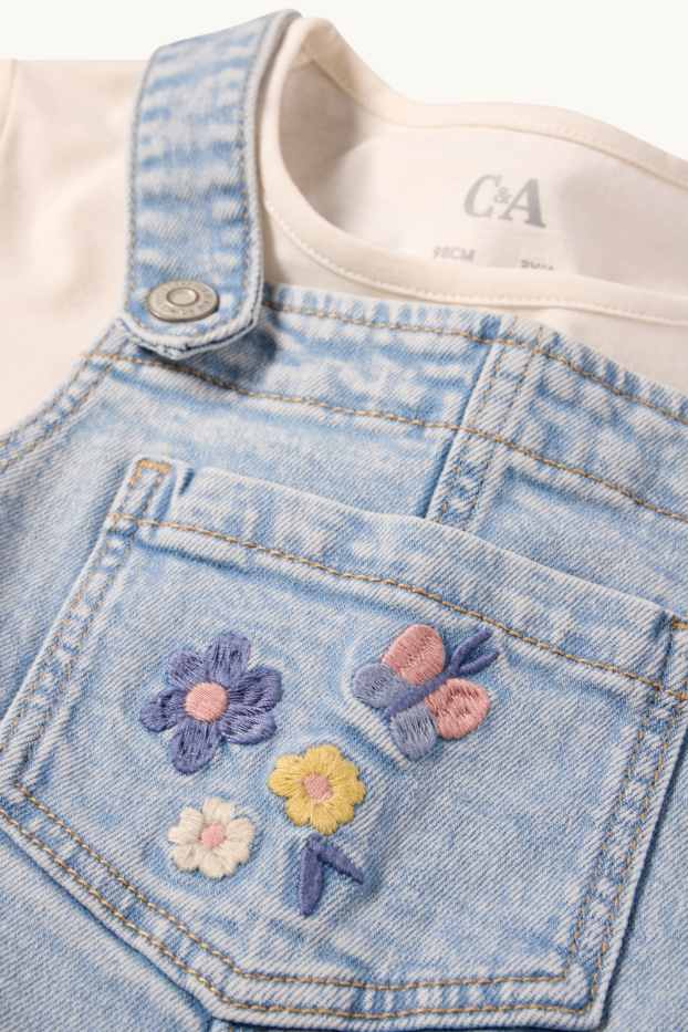 Kinder Mädchen - Blume - Set - Kurzarmshirt und Jeans-Latzhose - 2 teilig - helljeansblau