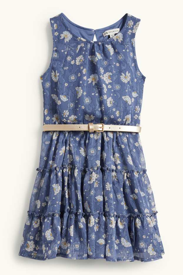 Children Girls - Floral - dress with belt - shiny - blue