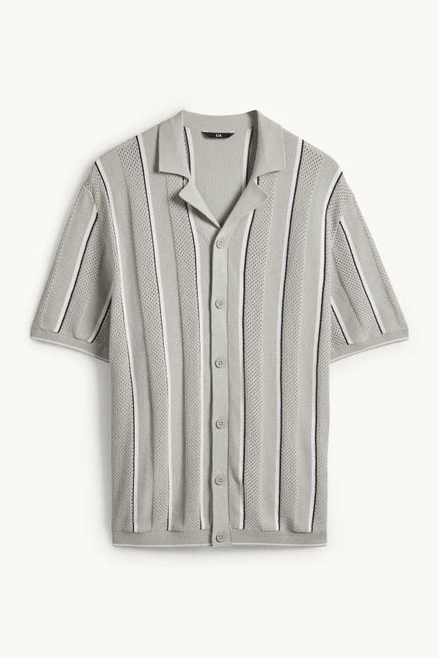 Heren - Gebreid overhemd - regular fit - reverskraag - gestreept - mintgroen