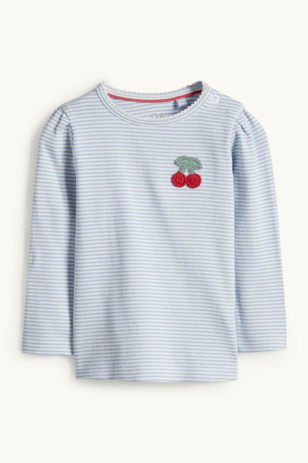 Baby Mädchen - Kirsche - Baby-Crochet-Langarmshirt - gerippt - gestreift - hellblau