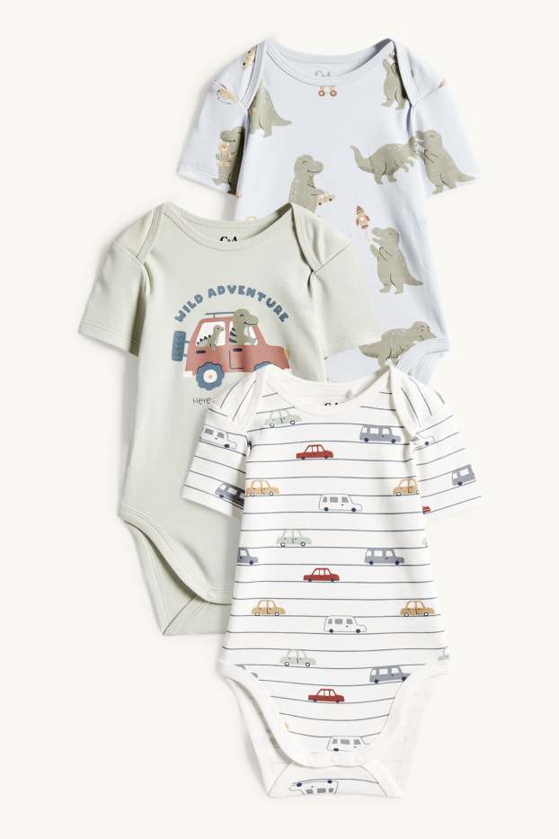 Bébés garçons - Lot de 3 - dinosaures et autos - bodys bébé - blanc crème
