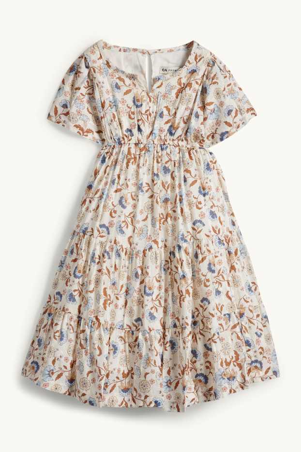 Copii - Fete - Floare - rochie - aspect lucios - alb-crem