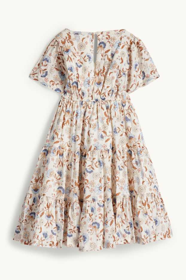 Copii - Fete - Floare - rochie - aspect lucios - alb-crem