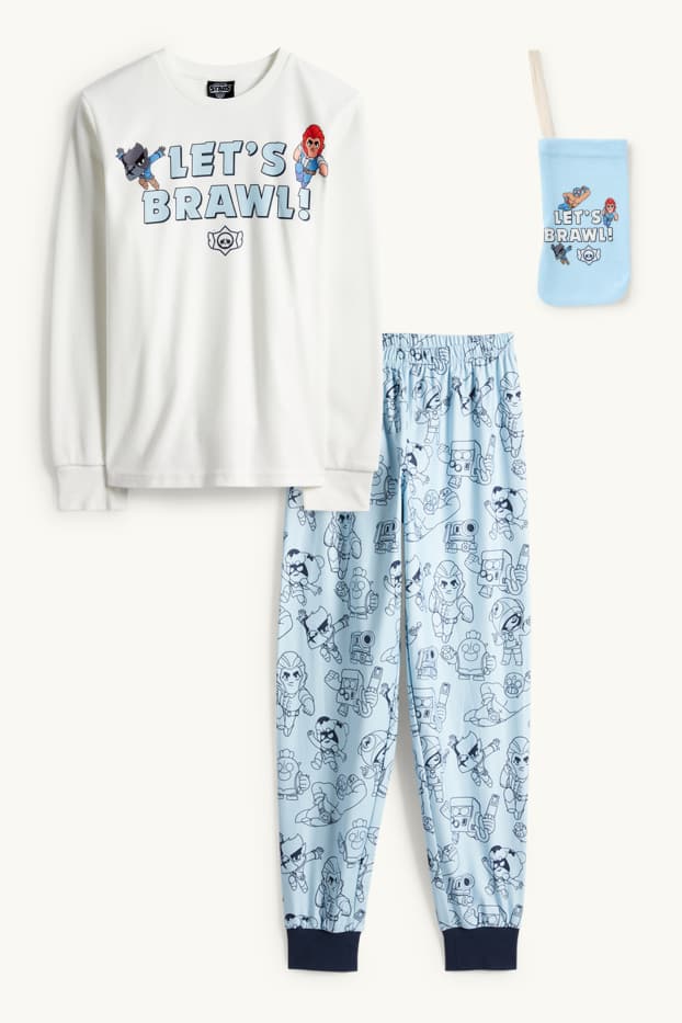 Kinderen: jongens - Brawl Stars - set - pyjama van fleece en smartphonetasje - 3-delig - wit / lichtblauw