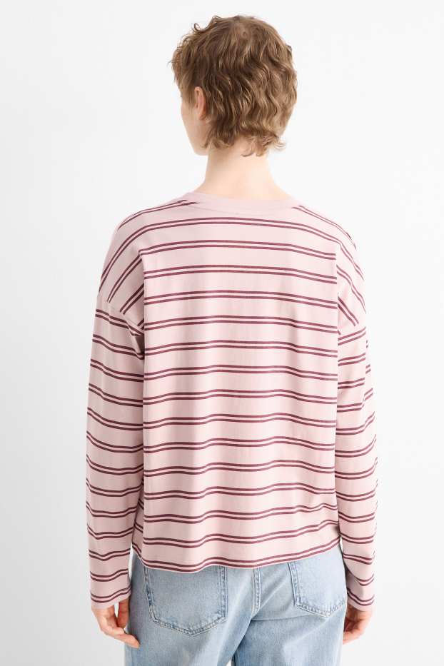 Dámské - Tričko s dlouhým rukávem - oversized - pruhované - růžová