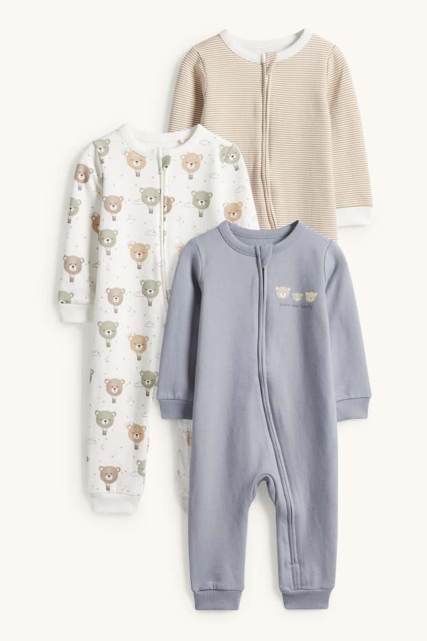 Unisex - Set van 3 - teddybeer - babypyjama - wit / grijs