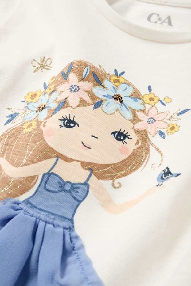 Enfants filles - Petite fille et fleur - T-shirt - effet brillant - blanc crème
