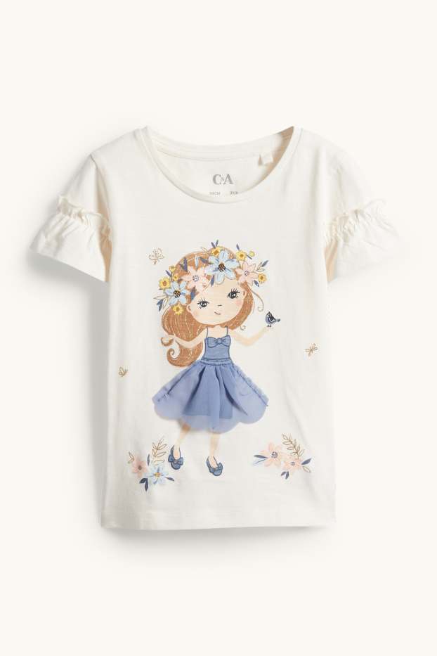 Enfants filles - Petite fille et fleur - T-shirt - effet brillant - blanc crème
