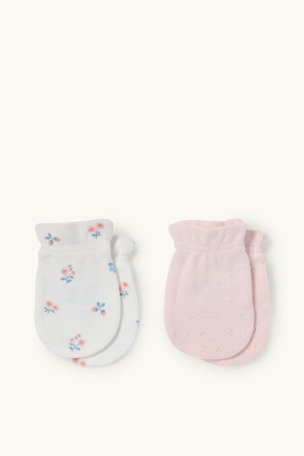 Baby Mädchen - Multipack 2er - Blümchen - Anti-Kratz-Handschuhe - weiß / rosa