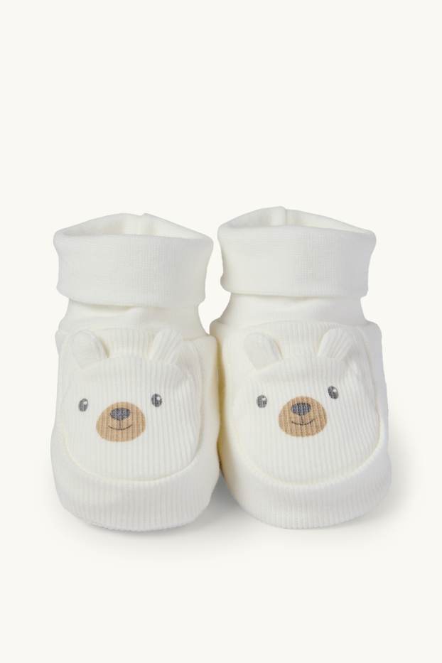 Unisex - Bärchen - Baby-Krabbelschuhe - gerippt - weiss