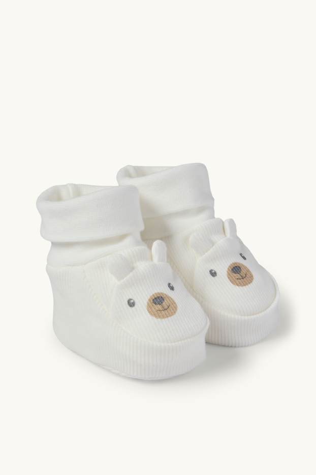 Unisex - Bärchen - Baby-Krabbelschuhe - gerippt - weiss