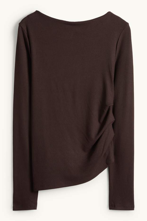 Femmes - Haut à manches longues - slim fit - finition côtelée - marron foncé