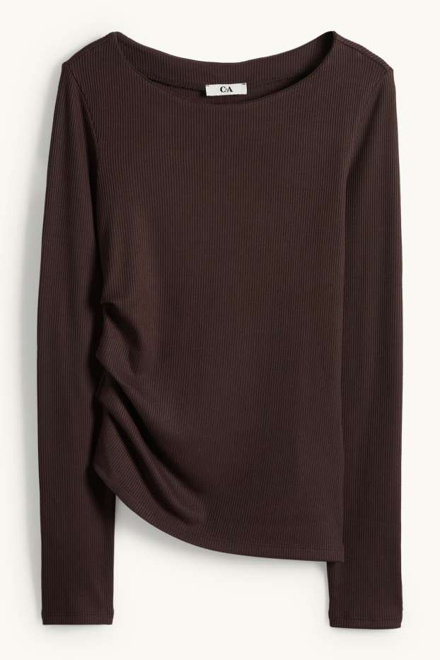 Femmes - Haut à manches longues - slim fit - finition côtelée - marron foncé