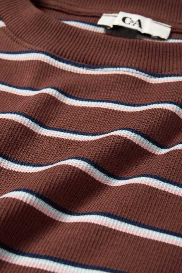 Dames - Longsleeve - slim fit - geribd - gestreept - bruin