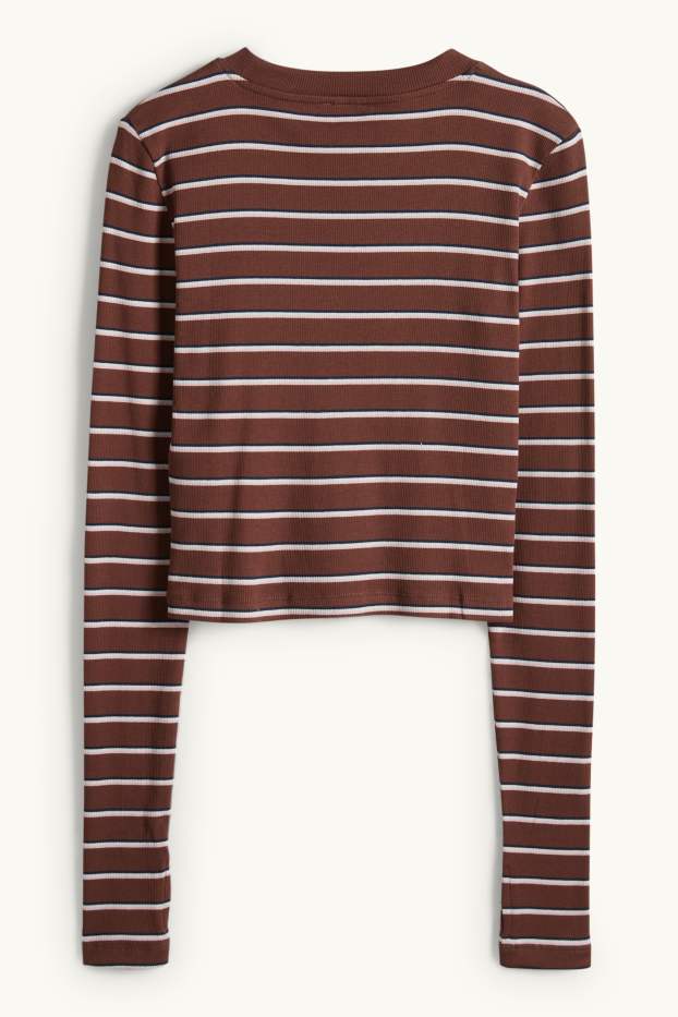 Dames - Longsleeve - slim fit - geribd - gestreept - bruin
