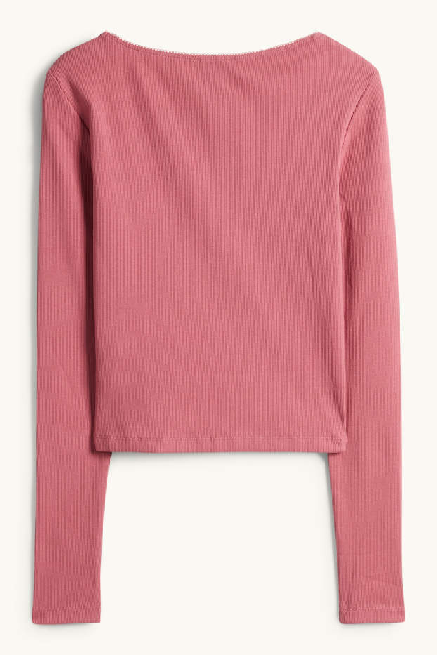 Women - Cropped long sleeve top - slim fit - ribbed - dark rose