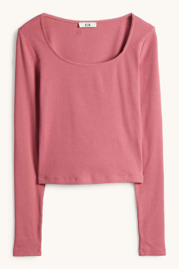 Women - Cropped long sleeve top - slim fit - ribbed - dark rose