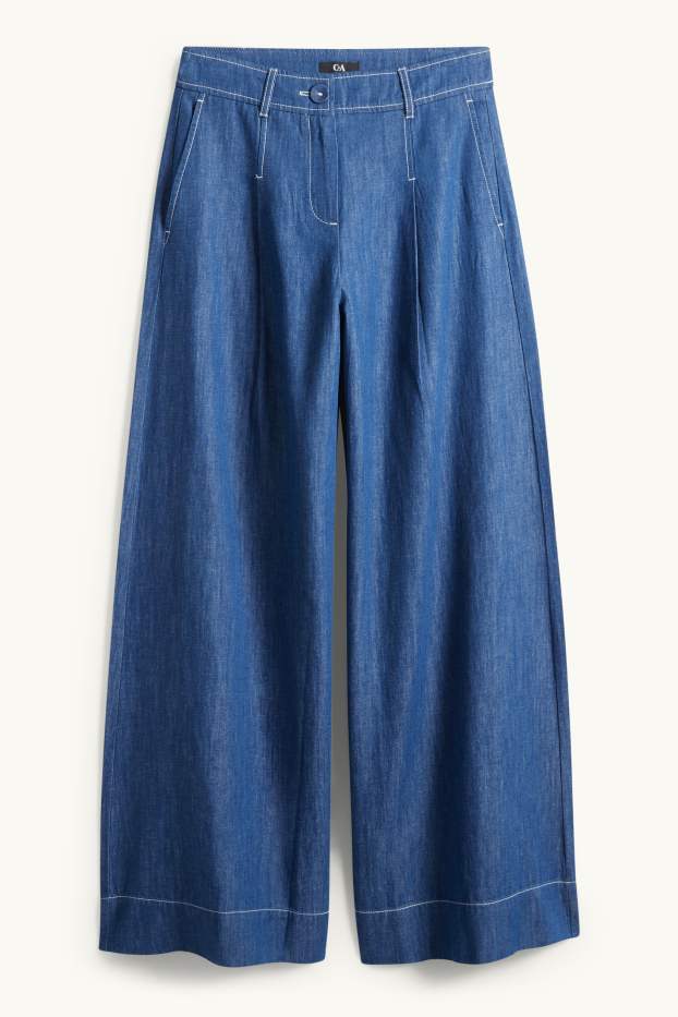 Femei - Pantaloni de stofă - talie înaltă - wide leg - aspect de jeans - albastru închis
