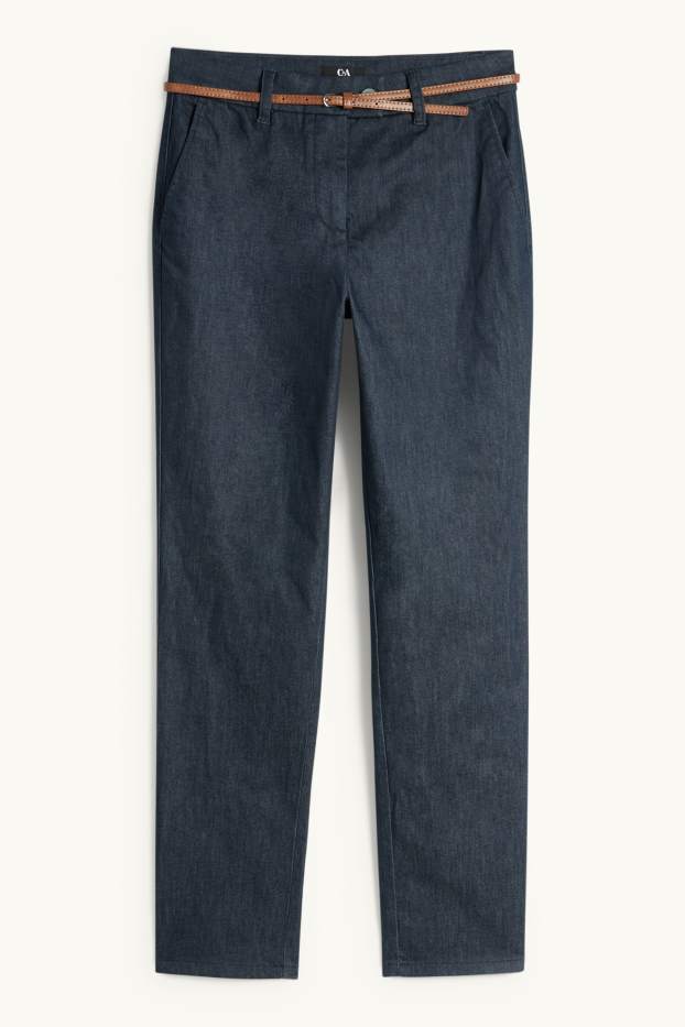 Femei - Pantaloni de stofă cu curea - talie medie - tapered leg - aspect de Jeans - denim-albastru închis