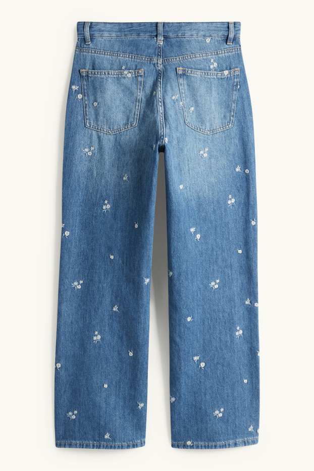 Dámské - Baggy jeans - mid waist - s květinovým vzorem - džíny - modré