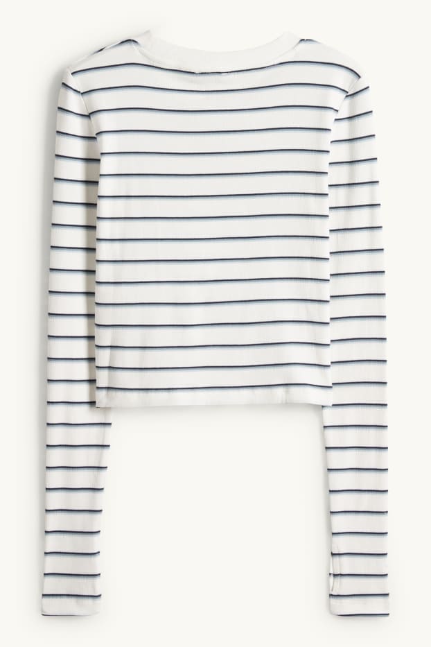 Dames - Longsleeve - slim fit - geribd - gestreept - blauw / wit