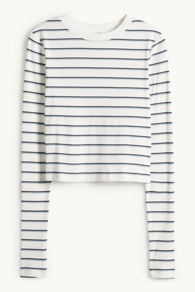 Dames - Longsleeve - slim fit - geribd - gestreept - blauw / wit