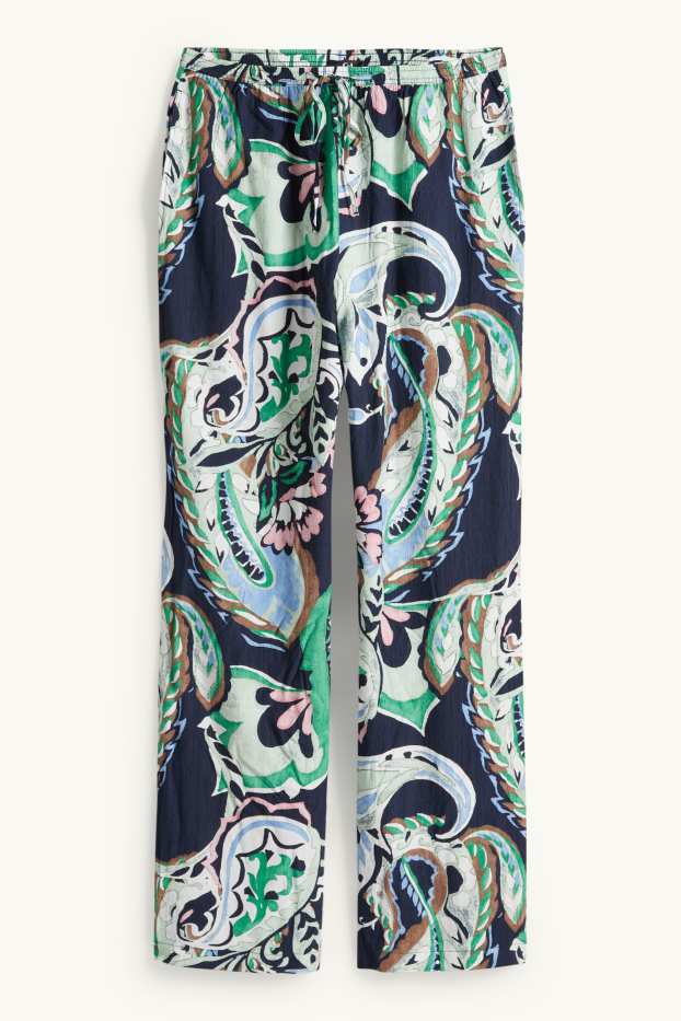 Donna - Pantaloni di stoffa - vita media - gamba ampia - fantasia - verde / blu scuro