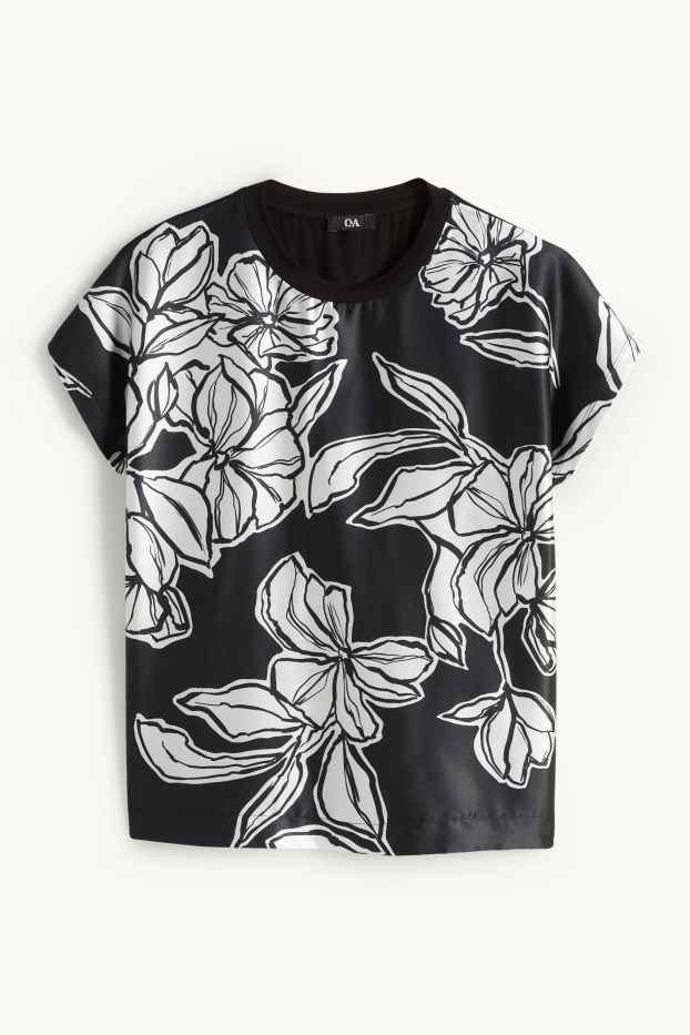 Donna - T-shirt - regular fit - a fiori - nero / bianco