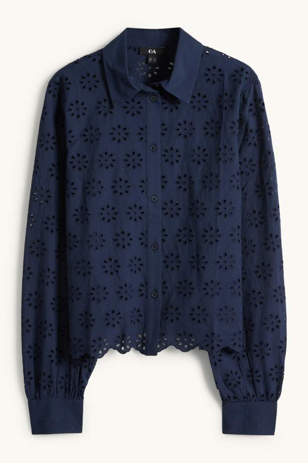 Damen - Bluse - Broderie Anglaise - dunkelblau