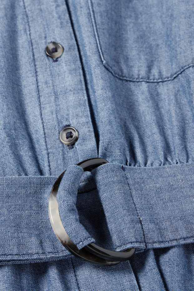 Women - Fit & flare dress with belt - denim look - blue