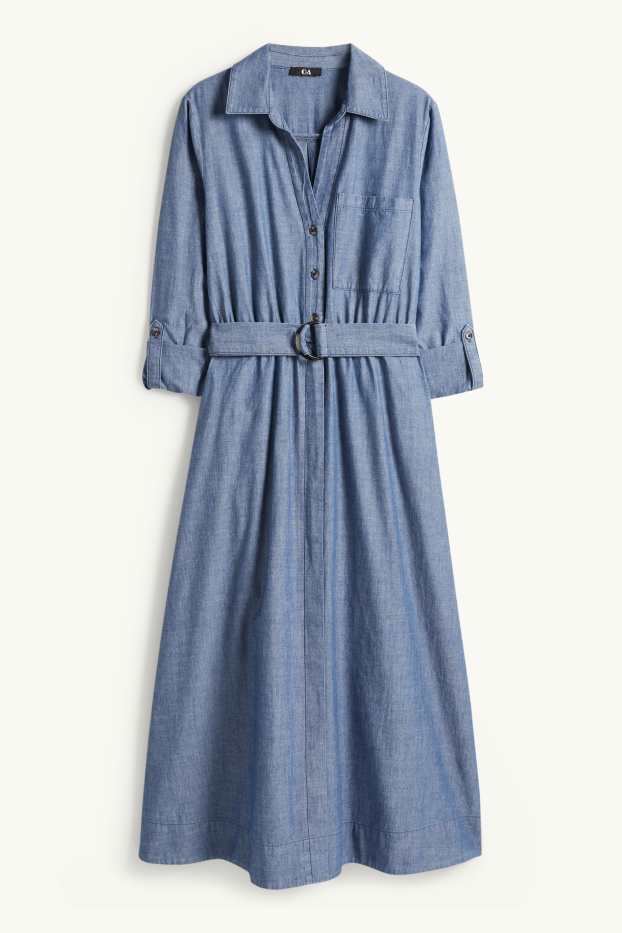 Women - Fit & flare dress with belt - denim look - blue
