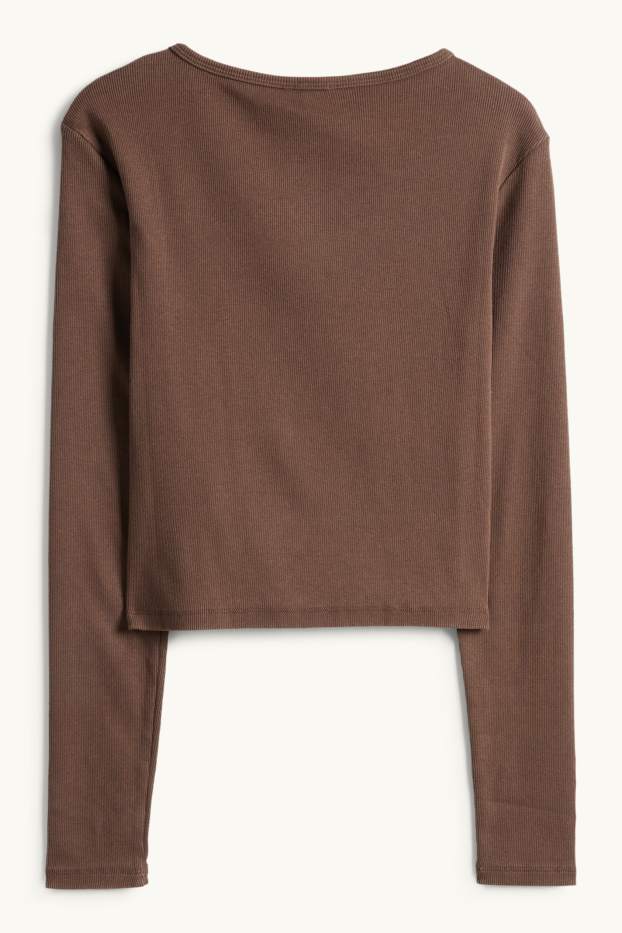 Women - Cropped long sleeve top - slim fit - ribbed - dark brown