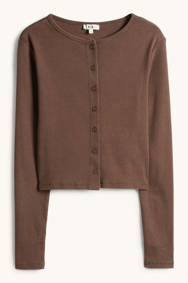 Women - Cropped long sleeve top - slim fit - ribbed - dark brown