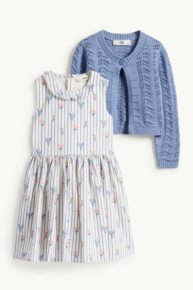 Enfants filles - Fleur - ensemble - robe et gilet en maille - 2 pièces - bleu / blanc
