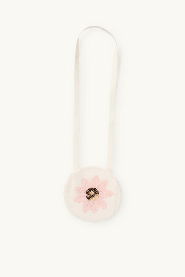 Kinderen: meisjes - Bloem - set - jurk en tasje - 2-delig - glanseffect - wit / roze