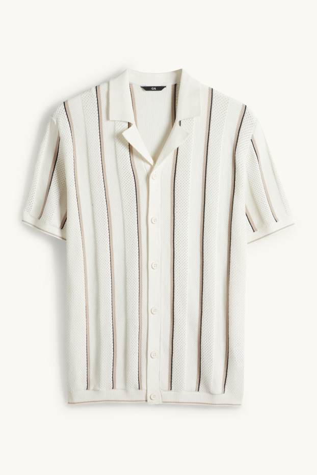 Heren - Gebreid overhemd - regular fit - reverskraag - gestreept - crème wit