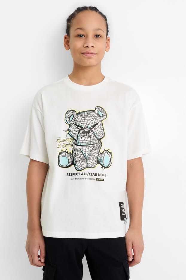 Children Boys - Teddy bear - short sleeve T-shirt - white