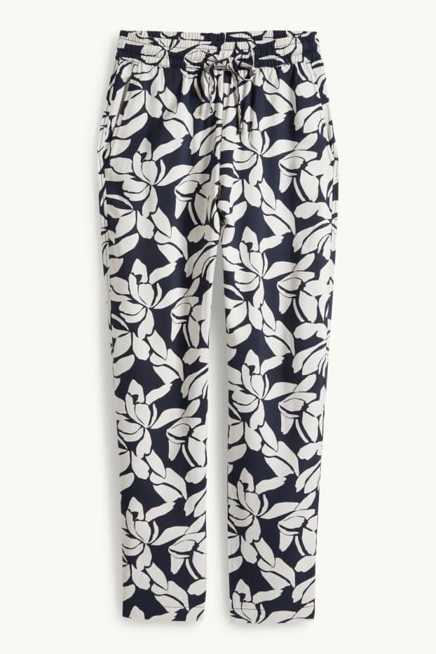 Damen - Stoffhose - High Waist - Tapered Fit - geblümt - dunkelblau / cremeweiss