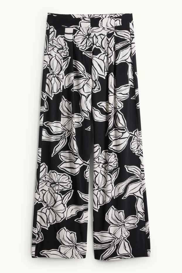 Dames - Pantalon - high waist - wide leg - zwart / wit