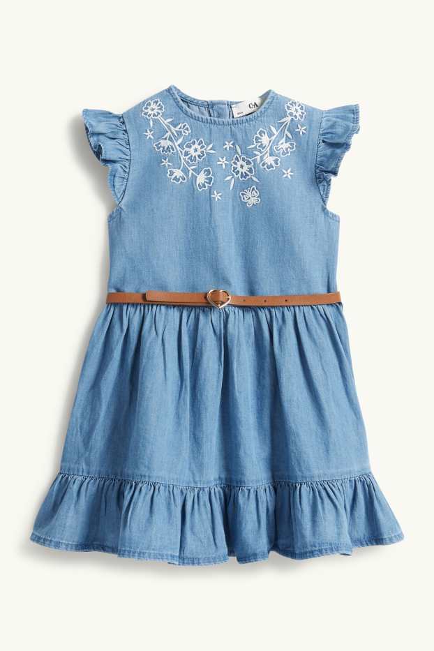 Enfants filles - Robe - robe avec ceinture - aspect jean - jean bleu clair