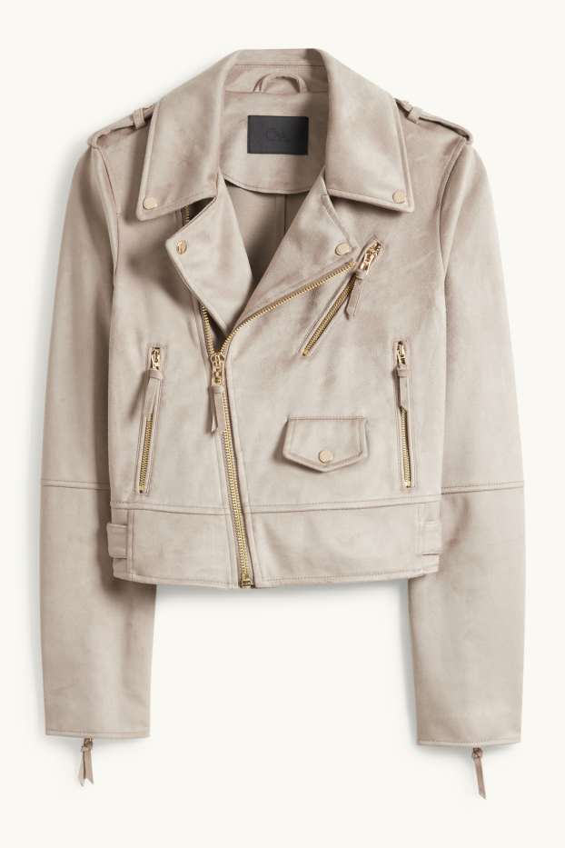 Dames - Bikerjack - imitatiesuède - grijs